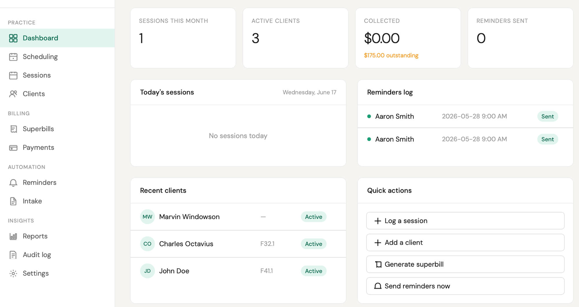 Oakbrook EHR dashboard showing today's sessions, active clients, billing, and reminders.